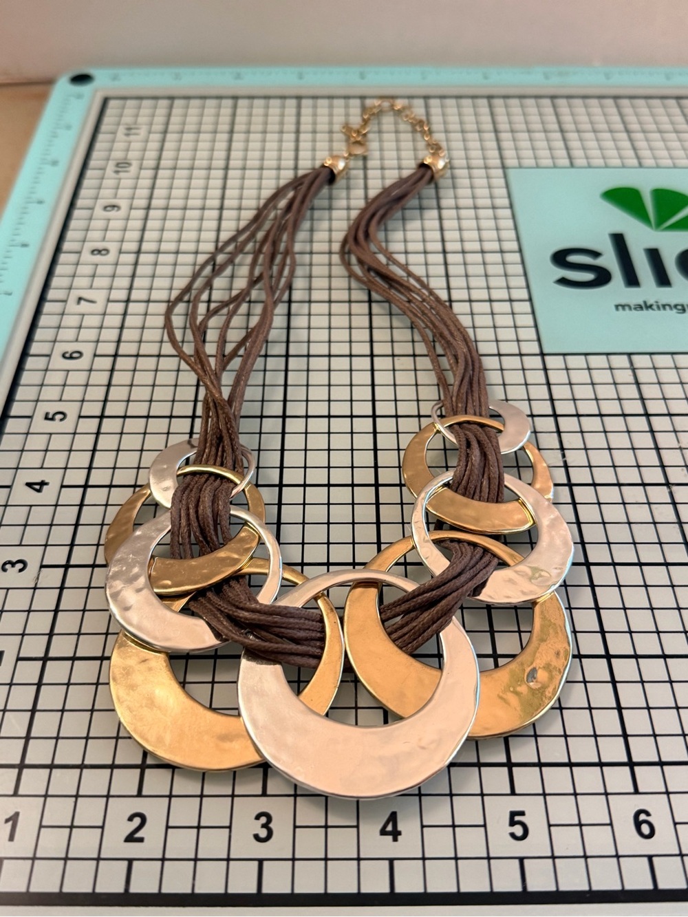 Boho Layered Crescent Metal and Brown Cord Necklace